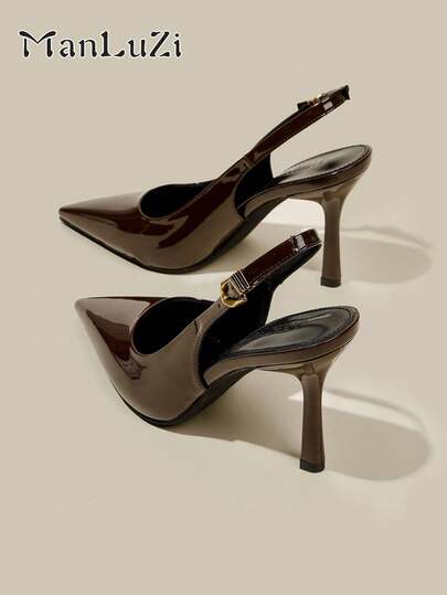 Zapatos de tacón de aguja con punta cerrada y correa de tobillo en piel de patente marrón café para mujer, zapatos elegantes de vestir formal y fiesta