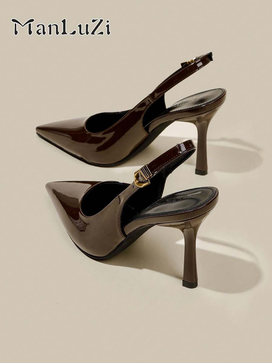 女士咖啡棕色漆皮尖头细跟闭趾高跟鞋，优雅正式时尚派对礼服鞋，带踝带 - 咖啡棕 - 查看 1