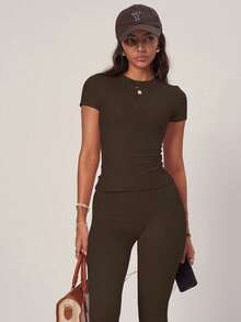 PinkTip Coffee Color Basic Top And Pants Set, High-Waisted Loose Fit, Essential Casual And Workout Piece For Summer - Coffee Brown - View 6