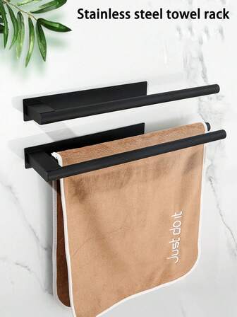 1 pieza Barra de toallas de acero inoxidable 304, barra doble autoadhesiva sin taladro montada en la pared, para uso en baño y cocina, fácil de instalar, color negro mate.