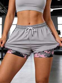 Women's Spring/Summer Drawstring Waist Double-Layer Sports Shorts, Fashionable Casual Athletic Shorts Suitable For Hiking, Cycling, Ball Sports, Running And Indoor Workouts - Light Grey - View 4