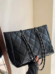Women's Solid Color Embroidered Diamond Pattern Large Capacity Tote Bag, Versatile And Portable Soft-Sided For Travel, Visiting, Commuting - Black - View 1