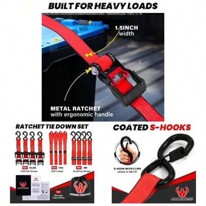 Ratchet Straps Heavy Duty 4 Pack - 5, 250 Break Strength Motorcycle Strap Tie Downs With 15ft Soft Loops - 1.5inx 8ft Ratchet Tie Down Straps Motorcycles, Truck, Cargo - Safety S Hook, Storage Bag