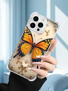 1PC Funda transparente con diseño de mariposa monarca naranja sobre flor blanca y detalles dorados, estilo minimalista clásico y elegante, protección contra caídas, ideal para mujeres y amantes de la naturaleza y el arte decorativo, regalo perfecto para fiestas, amigos, pareja o familia : funda transparente resistente a golpes, compatible con Apple Phone17/16/15/14/13/12/11/XS/XR/X/PLUS/PRO/PROMAX, agarre cómodo, regalo ideal para ocasiones especiales - transparente - Ver 3