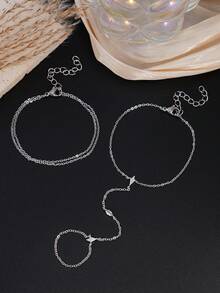 Bộ 2 chiếc nhẫn và vòng tay nhiều lớp đính đá Cubic Zirconia lấp lánh, sang trọng, phù hợp cho nữ giới đeo hàng ngày, dự tiệc đêm, tụ họp. - Bạc - Xem 2