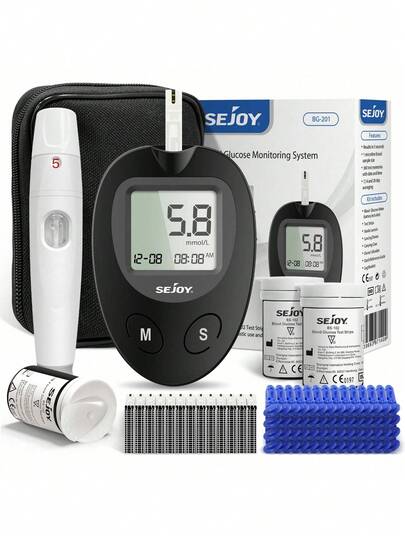  SEJOY BG-201 Blood Glucose Monitoring System, Blood Glucose Monitor Kit With 50 Test Strips 50 Lancets, Carry Bag, Blood Sugar Testing Kit For Home Use, Diabetes Home Testing Kit, Black