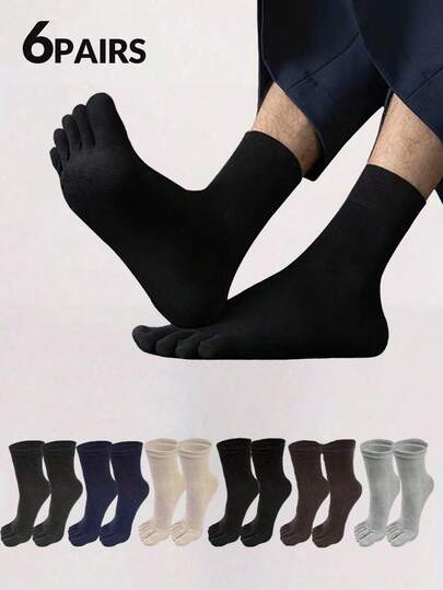 6 Pairs Men's Multi-Color Casual Business Versatile Moisture-Wicking Odor-Resistant Five Finger Toe Socks, Suitable For Daily Wear