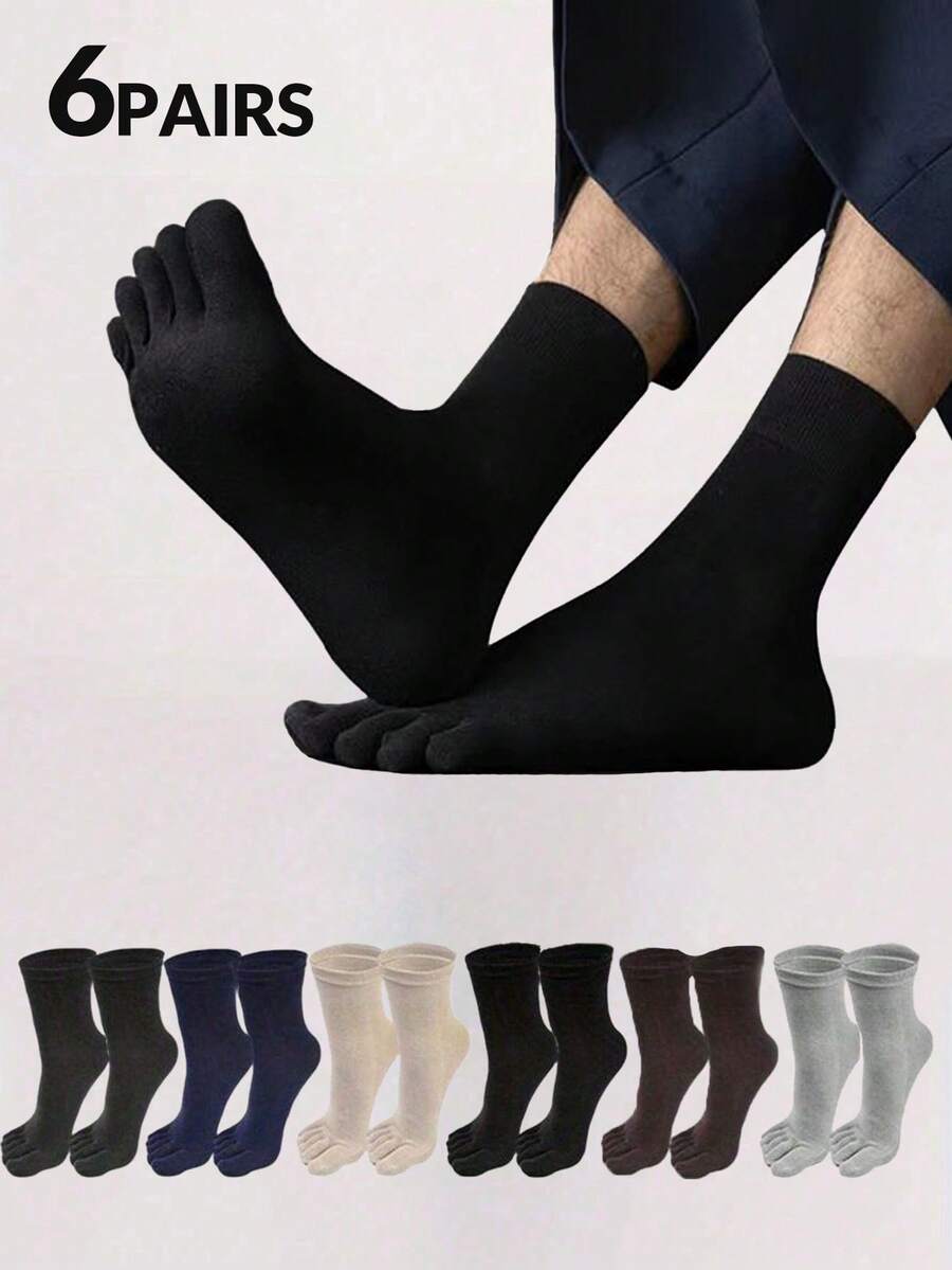 6 Pairs Men's Multi-Color Casual Business Versatile Moisture-Wicking Odor-Resistant Five Finger Toe Socks, Suitable For Daily Wear