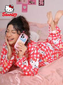 SANRIO 两件套  印花格子、苹果、星星和云朵图案女士睡衣套装，可爱长袖上衣和裤子家居服 - 紅色 - 查看 5