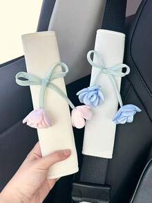 1-2pcs Blue & Pink Rose Chiffon Car Seat Belt Shoulder Pads, Automotive Accessories For Women