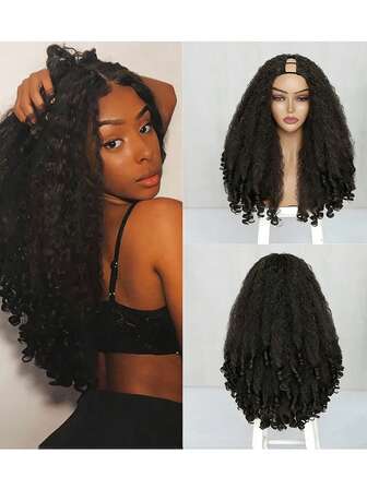 非洲V型分缝蓬松卷曲波浪假发，180%密度高温丝假发，无需胶水即可佩戴，发尾独特弹力卷曲，26英寸合成无留发夹式假发，适合女性日常佩戴、派对、角色扮演、圣诞节和新年礼物。