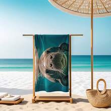 1pc Extra Soft & Oversized Manatee Printed Beach Towel - Absorbent, Sand-Free, Suitable For Pool, Bathroom, Travel - Dark Green - View 13