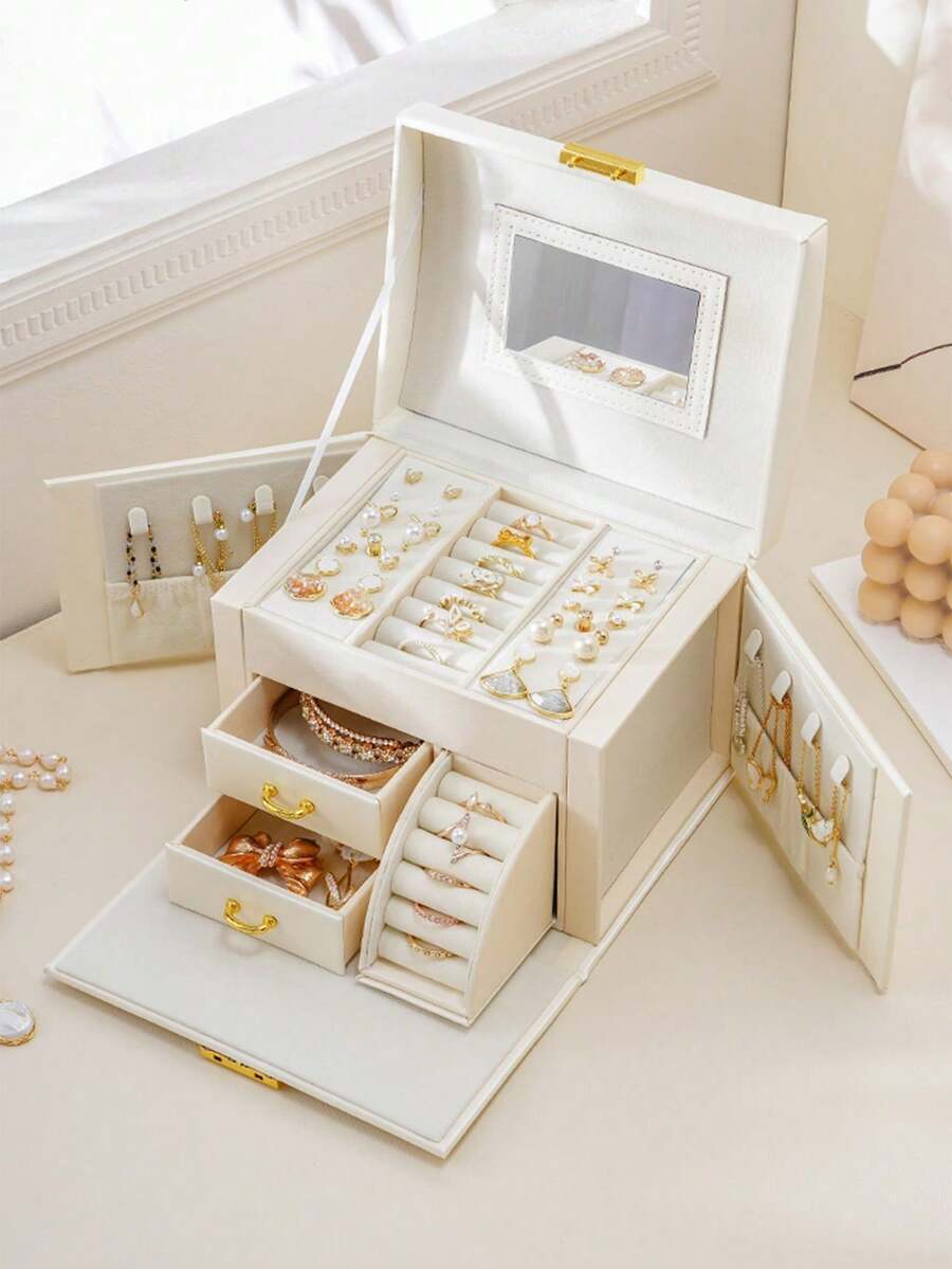 Extra Large Jewelry Box For Women, Elegant PU Leather Jewelry Case In White Black, 6-Tier Design With 5 Spacious Drawers, Ample Storage Capacity For All Your Precious Accessories, Includes Stylish Mirror, Perfect Jewelry Storage Organizer For Birthdays, Anniversaries, And Special Occasions, Ideal Gift For Fashion-Forward Individuals And Watch Enthusiasts, Keep Your Treasures Organized And Easily Accessible, A Must-Have For Every Jewelry Lover - Multicolor - View 1