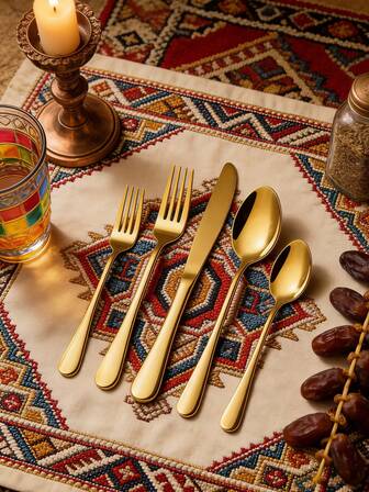 一套5件刀叉勺套装，防锈，易清洁，高颜值镀金不锈钢西式餐具套装，中东节日限量版奢华镀金经典刀叉勺造型，抛光防滑手柄，适用于用餐
