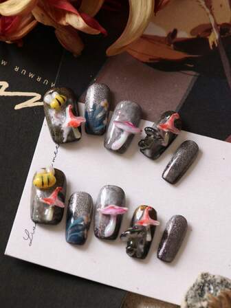 10pcs Acrylic Press On Nails Dark Colored Nails Colorful Mushrooms Little Bee Short Nail Fake Nails Artificial Nails Kit Includes 1sheet Adhesive Tabs &1 Pc Mini File