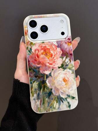 1 pieza Funda de teléfono suave con estilo de pintura al óleo con diseño de flor de peonía, compatible con iPhone 11/12/13/14/15/16/17 Pro Max