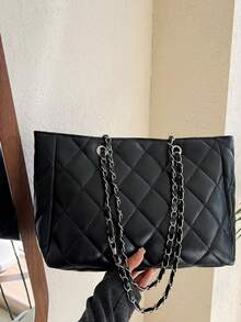 Women's Solid Color Embroidered Diamond Pattern Large Capacity Tote Bag, Versatile And Portable Soft-Sided For Travel, Visiting, Commuting - Black - View 8
