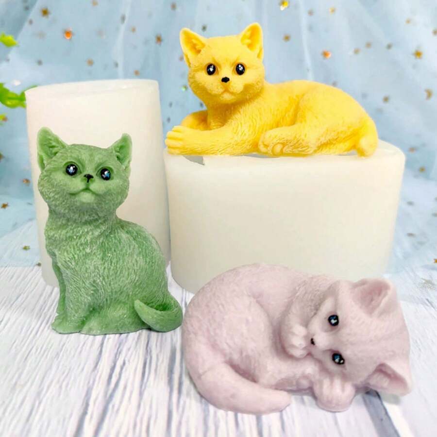 3D猫形蜡烛硅胶模具,可爱动物手工皂,香薰石膏模型,适用于手工礼品和家居装饰 - 白色 - 查看 1