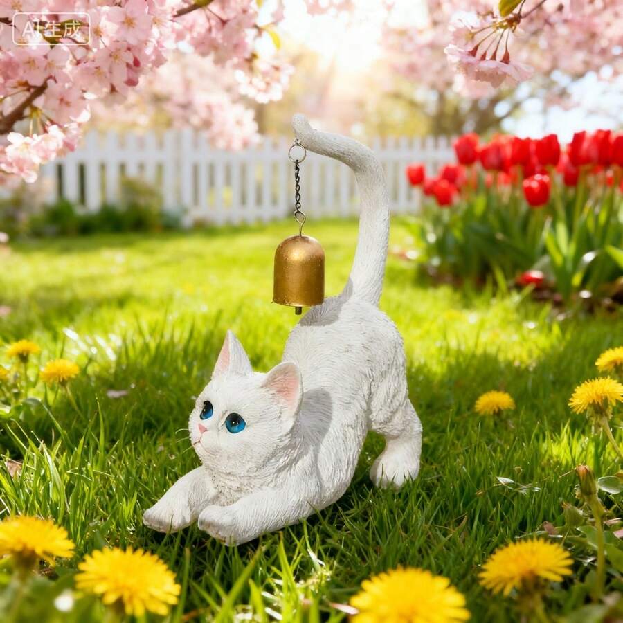 Stretching Cat Figurine, Resin Cat Figurine With Bell On Tail, Stretching Animal Desk Ornament, Decorative Figurines For Garden - White - View 1