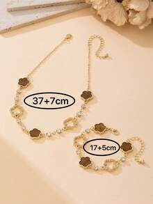 1pc Brown Clover Pendant Necklace With Rhinestones, Elegant High-End Women Jewelry Set With 1pc Bracelet, Gift For Valentine's Day - Brown - View 6