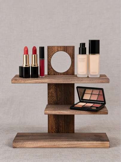 1pc Vintage Wooden Perfume Holder & Display Rack, Retro Solid Wood Makeup Organizer, Multi-Tier Shelf For Teaware, Decor, Jewelry
