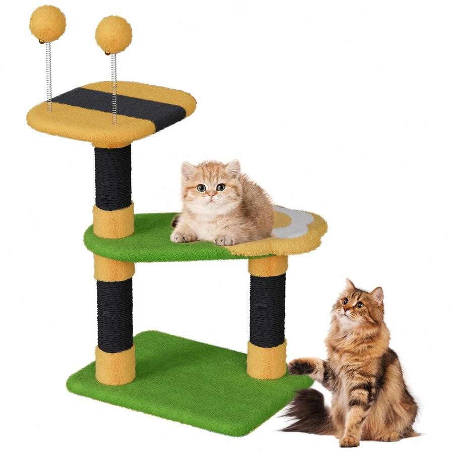 DOGAT Cat Tree 75cm Small Indoor Cat Scratching Post Tower With Flower Platforms 2 Spring Toy Balls Bee Design Kitten Activity Centre For Apartments Corners And Small Spaces - Green - Green - View 1