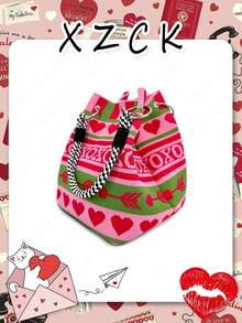 [XZck] Fashionable Knitted Bucket Handbag, Heart Pattern Design Tote Bag, Lightweight Foldable Handbag With Unique Design To Stand Out During Holidays, Great Gift For Girlfriend, Valentine's Day Gift - Multicolor - View 6