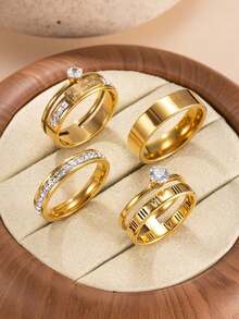 4pcs Elegant Stainless Steel Women's Rhinestone Ring Set, Includes Roman Numeral & Cubic Zirconia Elements, Suitable For Daily Wear, Festivals, Dates, Engagements, Weddings, Gift - Gold - View 9