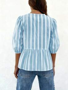 Women's Casual Fashion Vacation Vibe Front Tie Bow Contrast Blue & White Striped Puff Sleeve Cute Blouse Top, Holiday Casual, Beach Vacation Style, Valentine's Day, Spring/Summer - Light Wash - View 2