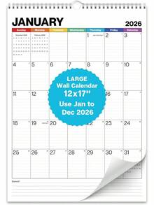Dunwell 2026 Large Wall Calendar 12x17, Blue, Big Grid 12 X 17 Hanging Monthly Calendar With Large Daily Blocks, Premium Paper, Jan–Dec 2026 - Blue - View 12