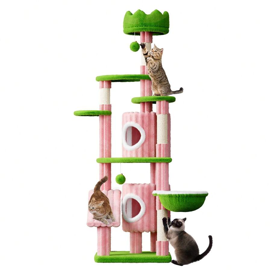 DOGAT Tall Cat Tree Tower 162cm 64 Inch Large Multi Level Indoor Cat Tree With Scratching Posts Condos Hammock Crown Bed Activity Centre For Kittens Multiple Cats And Apartments - Pink/Green