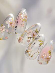 1pc Chinese Mother-Of-Faux Pearl Pink Floral Enchanting Blooming Petals Sparkling Flowers Press-On Nail Stickers 5D Nail Art Botanical Elegant Oriental Self Adhesive Nails For Women's Sophisticated DIY Manicure Decals Nail Supplies - Multicolor - View 6