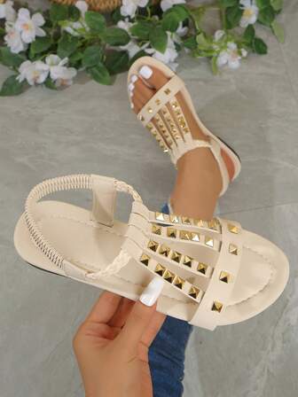 1 Pair Summer New Flat Sandals, Elegant Flat Sandals, Fashionable Retro Red/White Sandals, Studded Women's Shoes, Vacation Style Beach Shoes, Elegant Goddess, Preppy College Style, Fashion-Forward Vacation, Beach, Bohemian, Casual PU Leather Buckle Beach, Holiday, Wedding, College, Vacation, Party, Office, Home, Outdoor, Spring/Summer/Autumn Women Sandals
