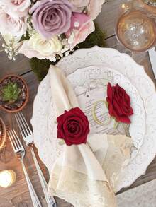 1/6pcs Valentine's Day Napkin Rings, Red Rose Napkin Holders, Wedding Napkin Rings, Reusable Metal Napkin Rings, Suitable For Family Gatherings, Banquets, Hotels, Valentine's Day Parties (Valentine's Day Party Supplies) - Multicolor - View 2