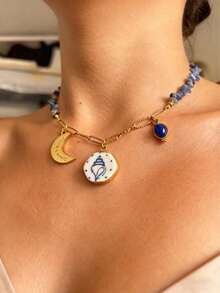 Monlansher Nouveau collier pour femme avec pendentifs multiples en perles de pierre, orné de cœurs, de lunes et d'hexagones. Un bijou polyvalent à porter au quotidien. - Doré - Voir 3