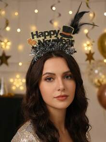 1pc Women's Headband With Gold, Silver, Black Feather, Shiny Ribbons, 2026 New Year Decoration Happy New Year Party Headpiece, Suitable For New Year Ball, Gathering, Party Matching, Hair Band, Hair Hoop - Black - View 4