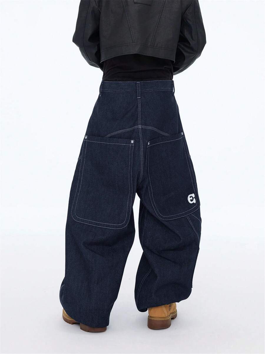 1 chiếc quần jeans Infinite Jeans phong cách đường phố Mỹ, phối họa tiết thêu, ống rộng, dáng suông, thời trang thường ngày (Sản phẩm không bao gồm thắt lưng và phụ kiện) - Màu xanh lam - Xem 1
