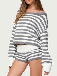 Women Striped Sweater Set Long Sleeve Sweater And Shorts Set 2 Piece Fall Matching Set Loungewear - Xám - Xem 2
