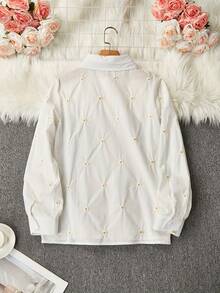 Women's Casual Long Sleeve Shirt With Daisy Ditsy Floral, Turndown Collar, Single-Breasted, Leaf Pattern Embroidery, Spring/Autumn - White - View 7