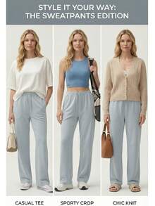 RRIVE Women's Blue High Waisted Wide Leg Sweatpants Drawstring Baggy Lounge Pants Comfy Soft Cotton Casual Trousers With Pockets - 霧霾藍 - 查看 5