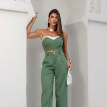 Tailored Set: Cargo Pants And Two-Tone Top - 軍綠色 - 查看 11