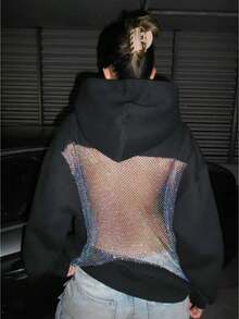 Women Mesh See Through Back Hoodies Women Hoodie Sweatshirt Back Sequin Mesh See Through Fishnet Sheer Glitter Pullover Long Sleeve Backless Tops With Pocket - 黑色 - 查看 1