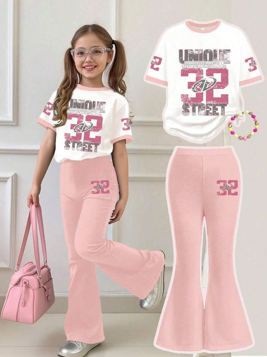 This Sweet And Cool Street-Style Sports Set For Girls Features The Number "32" And The Street Text "UNIQUE STREET" Print, Including A Round Neck Short Sleeve T-Shirt And A Flared Pants Printed With The Number "32". It Is A New Summer And Autumn Girls' Clothing Collection. - Multicolor - View 1