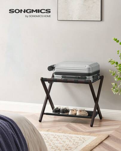  SONGMICS Luggage Rack, Bamboo Luggage Rack For Guest Room, Folding Suitcase Stand, For Hotel, Bedroom, Heavy-Duty, Holds Up To 131 Lb, Chestnut Brown