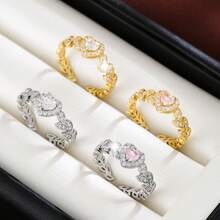 1pc Minimalist Olive Branch Heart Shaped Design Cubic Zirconia Adjustable Open Ring, Couple Gift - Multicolor - View 9