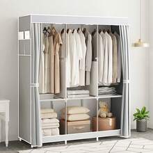 1Pcs Fabric Canvas Wardrobe With Hanging Rail Shelving Clothes Storage Large Cupboard Grey - Grey - View 11