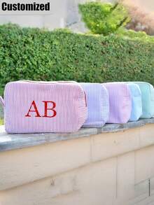 Customized Name Makeup Bag, Customized Makeup Organizer Bag, Monogram Cosmetic Bag, Bridesmaid Box, Toiletry Cosmetic Bag, Nursing Bag, Embroidered Bag, Toiletry Bag, Travel Makeup Bag, Unique Waffle Design, Space-Saving, Elegant, Fashionable, Tidy, Minimalist, Casual, Unique Personalized Gift, Suitable As Valentine's Day Gift - Multicolor - View 4