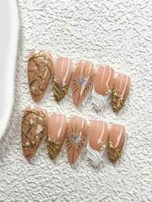 10片裝時尚手工穿戴甲，Polygel美甲套組，手繪愛心與放射光芒設計，金白色指甲油，精緻風格，附美甲工具，3種尺寸可選，杏仁形、鴨嘴形、棺材形，適合派對、舞會、日常配戴 - 彩色 - 查看 16