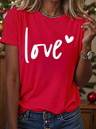 Röd rundhalsad kortärmad topp, hjärttryckt t-shirt för alla hjärtans dag, trendig, mångsidig och romantisk.