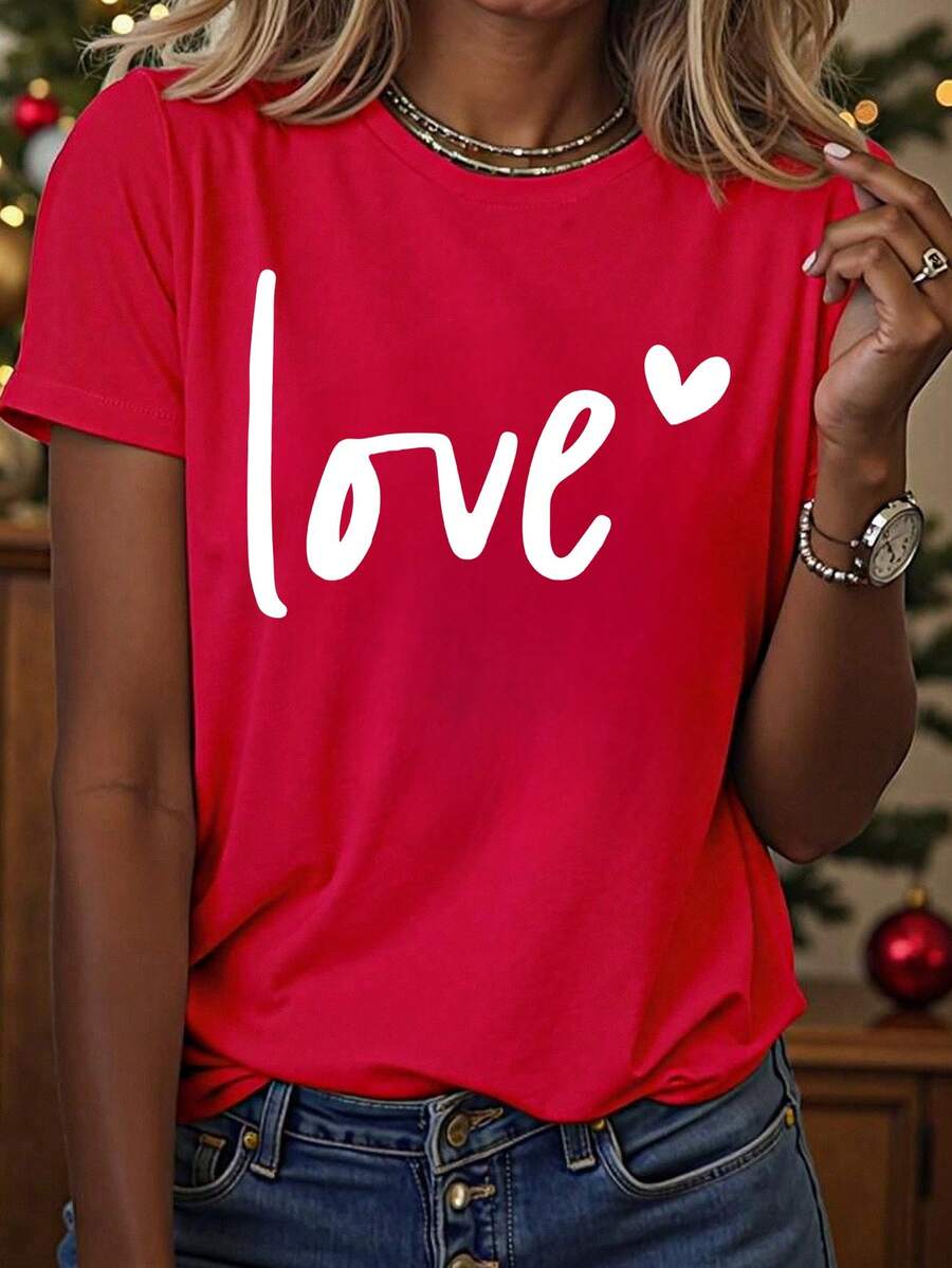 红色圆领短袖上衣，情人节爱心印花T恤，时尚、百搭、浪漫。 - 紅色 - 查看 1